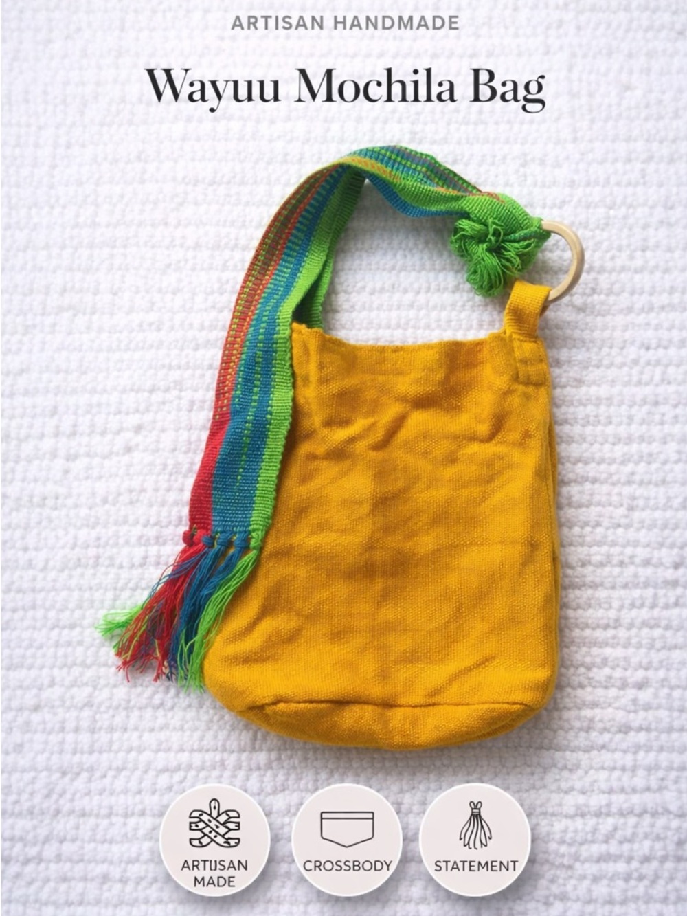 Wayuu Mochila Bag Handmade Boho Crossbody Yellow Woven Strap Artisan